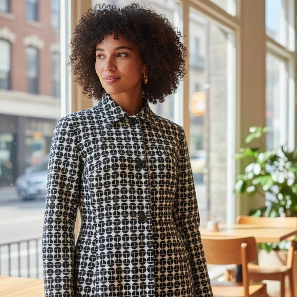 NINE WEST Black White Topper Long Jacket XS Peacoat Driving Coat Retro Mod Vibe - Picture 16 of 16